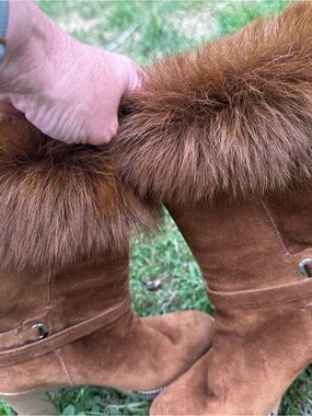 Ralph Lauren Brown Suede Boots with Fur Trim purple label